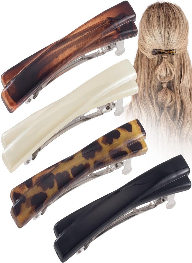 STSTR 4PCS French Barrette Hair Clips for Women, 2.56 Inch Small Tortoise Shell Hair Clip, Curved Glossy Thin Hair Flat Hair Accessories for Women (Black, White, Leopard Color, Amber) - Image 1